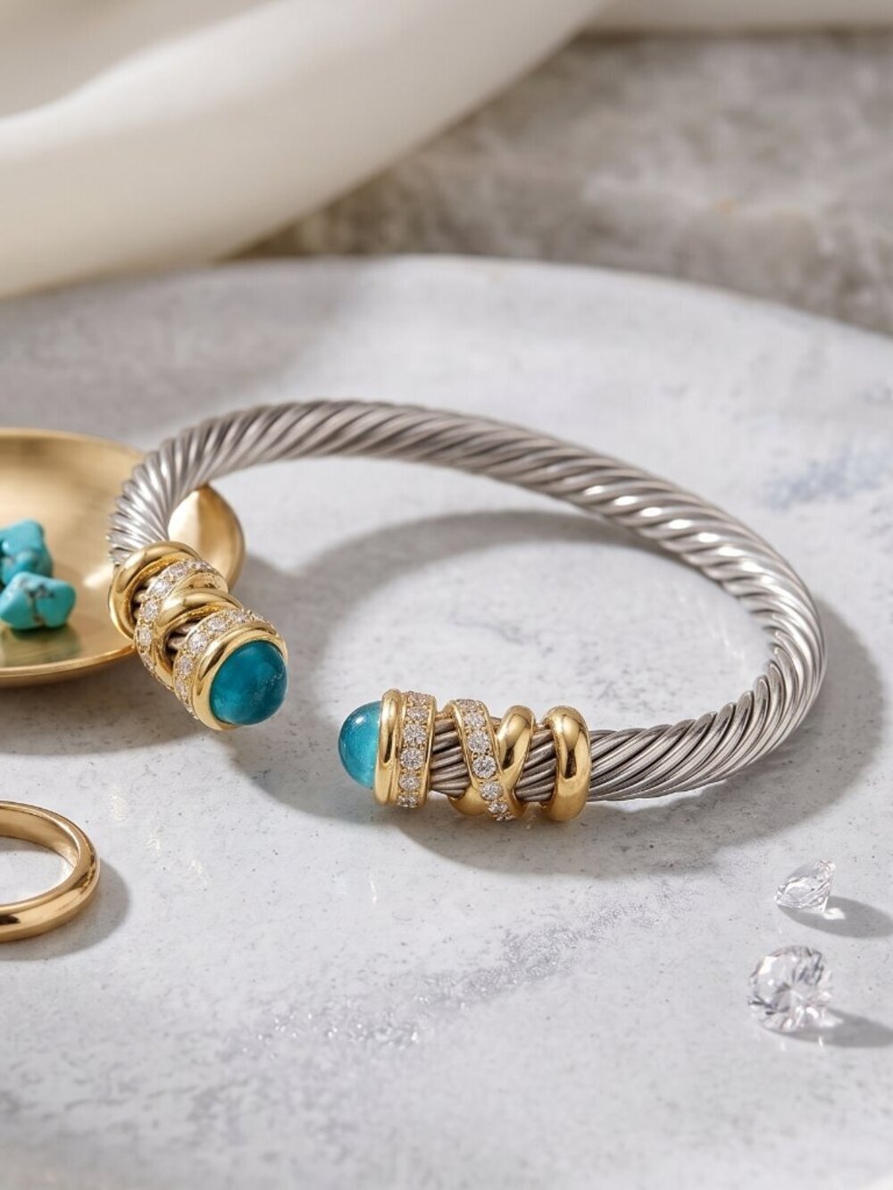 Two-Tone 18K Gold Plated Cable Cuff Mixed Metals Bracelet Turquoise Crystals - Picture 7 of 12